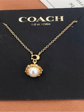 COACH Gold Pearl Charm Necklace - Gold and White